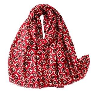 Red cotton linen scarf featuring vintage camellia patterns and delicate fringed edges