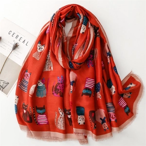 Fashion cotton linen scarf in red with vibrant cartoon cat prints and fringe edges