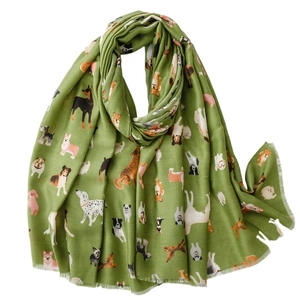 Matcha green scarf with cute realistic dog prints and fine fringe details for women