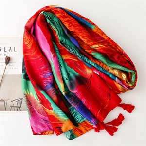Bohemian colorful peacock feather print scarf with red tassels for women fashion