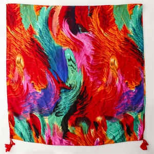 Colorful feather print scarf with vibrant tassels in soft cotton linen texture