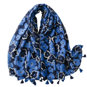 Blue floral scarf with fringe tassels made of soft cotton-linen feel fabric for women