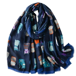 Navy blue cotton linen scarf with colorful cartoon cat print and fringe edges for women