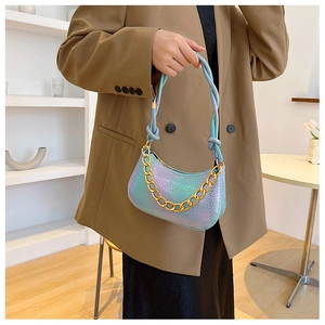 Iridescent gradient snake-patterned handbag featuring a chunky gold chain and rope strap