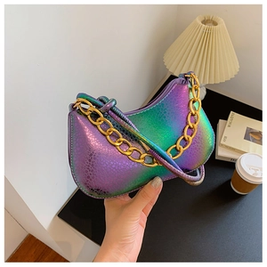 Iridescent gradient crescent moon shoulder bag with snakeskin texture and gold chain strap