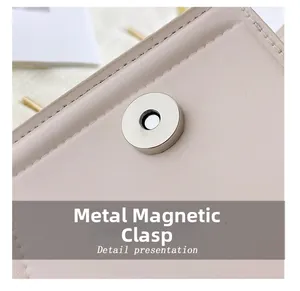 Macro shot of durable metal magnetic clasp on luxury leather chain shoulder bag