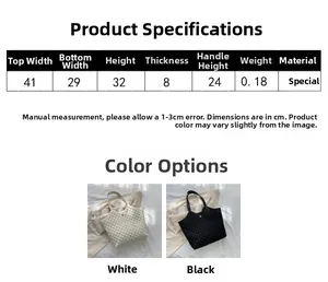 Detailed dimension chart for quilted tote bag with specific width, height and weight specs