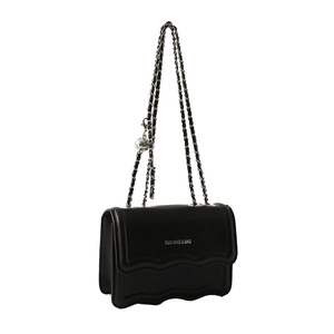 Chic black wave-edge crossbody bag with silver chain strap and metal ball charm
