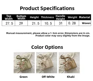Size guide for woven bucket bag showing dimensions 29x21.5x10.5cm and color options
