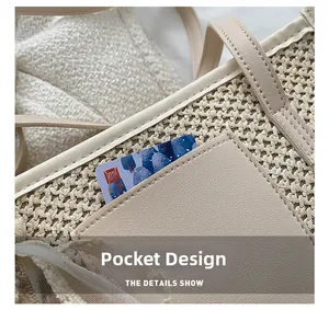 Detail of beige woven tote bag showing functional patch pocket with insert card