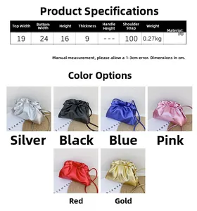 Size guide for pleated dumpling cloud bag in PU material with dimensions and colors