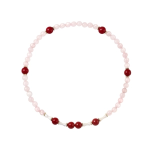 Handgefertigtes Perlenarmband mit Rosenquarz, rotem Achat und Gold-Abstandhaltern