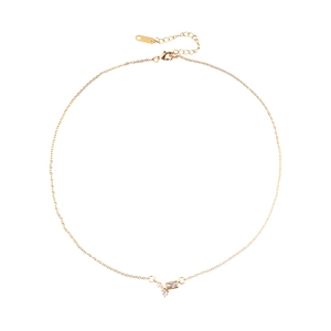 Minimalist gold plated necklace featuring rectangular and round zircon pendant on white background