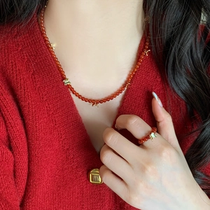 Collection Bijoux Perles Agate Rouge Papillon Style Chinois Vintage Collier Bracelet Bague Plaqué Or Élégant Pour Femme