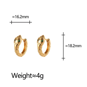 Detailed size chart of snake hoop earrings with green zircon eyes and golden finish
