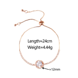 Detailed view of rose gold cubic zirconia slider bracelet with adjustable box chain
