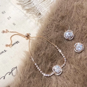 Luxurious Round Halo Stud Earrings And Adjustable Slider Bracelet Copper Rose Gold Plated Clear Cubic Zirconia Refined Elegant For Women