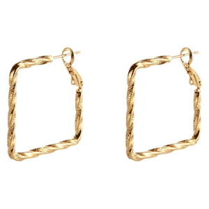 Golden square twisted hoop earrings with a textured metallic finish in a geometric style