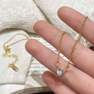 Gold plated heart pendant necklace with sparkling zircon stone on delicate cable chain