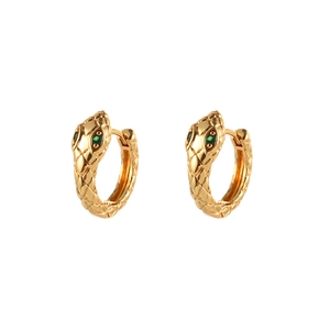 Golden snake head hoop earrings with green zircon eyes and textured scale details