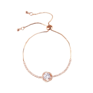 Elegant rose gold halo bracelet with cubic zirconia center and adjustable box chain