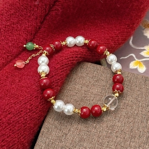 Elegant red agate and pearl beaded bracelet with gold accents for the Lunar New Year