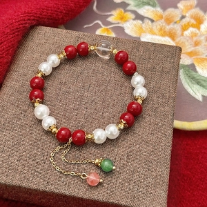 Red Agate Artificial Pearl Beaded Bracelet For Women Vintage Chinese Style Brass Gold Plated Elegant Adjustable Charm Jewelry