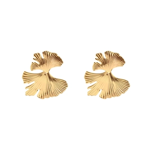 Elegant gold ginkgo leaf stud earrings with detailed leaf veins on a clean white background