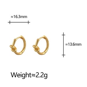 Detail view of gold frosted knot hoop earrings with S925 silver needles and dimensions