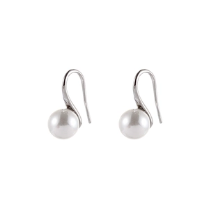 Elegant silver hook earrings with round white pearls on a clean white background