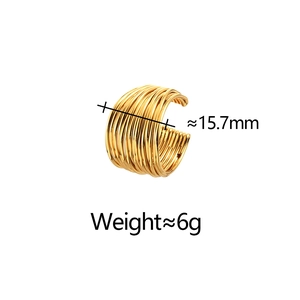 Macro view of gold-plated geometric layered spiral ring showing 15.7mm diameter and 6g weight