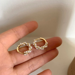 14K Vergoldete Künstliche Perlen Creolen Französisches Vintage Gedrehtes Design Mit 925er Sterlingsilber Ohrstecker Für Damen