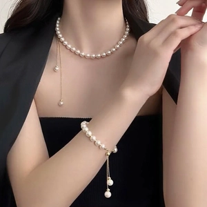 French Retro Artificial Pearl Necklace Gold Plated Adjustable Sliding Clasp Tassel Choker Elegant Jewelry For Women