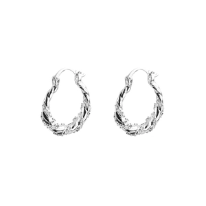 Silver twisted rope hoop earrings featuring sparkling white zircon stones in a sleek design