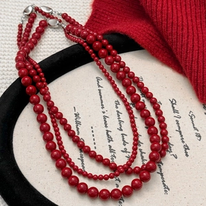 Beaded Necklace Red Faux Artificial Pearl Copper Retro Layered Choker Clavicle Chain For Women Elegant Jewelry