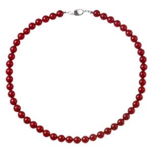 Classic deep red pearl beaded necklace with secure silver metal clasp on white background