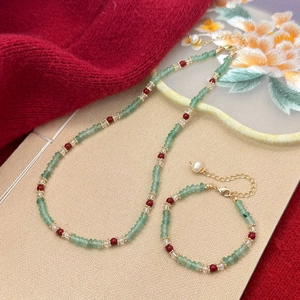 Handmade Chinese Style Necklace Bracelet Natural Stone Artificial Pearl Beaded Green Red Vintage Commuter Jewelry For Women