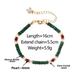Detail of handmade bracelet with green malachite beads and red pearls in Chinese style
