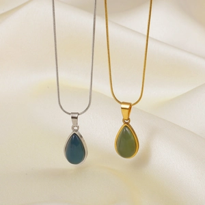 Stainless Steel Teardrop Pendant Necklace Elegant Gemstone Snake Chain Clavicle Jewelry For Women Adjustable Minimalist
