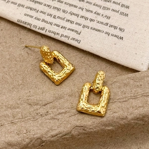 Retro geometric hollow square earrings with a hammered texture finish in gold