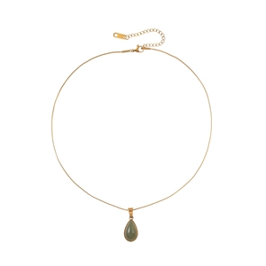 Gold titanium steel necklace with a green waterdrop pendant on a minimalist chain