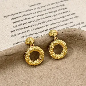 Vintage golden hammered texture double hoop earrings with artistic wrinkled metal design