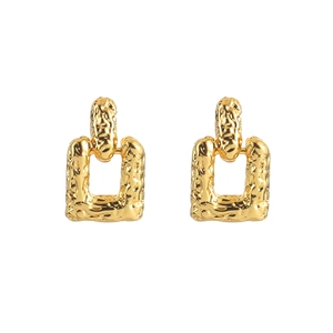Irregular textured geometric rectangular earrings in polished gold plated brass finish