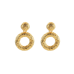 Vintage golden metal earrings with hammered texture and round dangle drop design