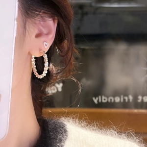 Twisted rope hoop earrings and heart stud set in silver-tone finish on model