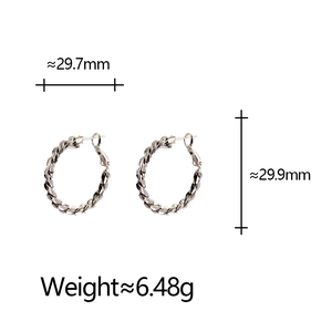Silver twisted rope hoop earrings detail showing 29.7mm diameter and 6.48g weight