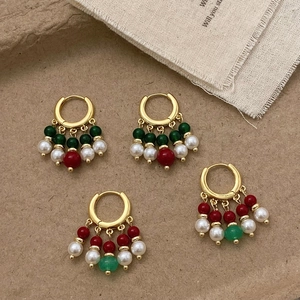 Boucles Oreilles Créoles À Glands Style Chinois Vintage Avec Agate Naturelle Calcédoine Verte Künstliche Perles Plaque Or Femmes