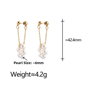 Detailed view of long pearl tassel earrings showing dimensions of 42.4mm length and 6mm width