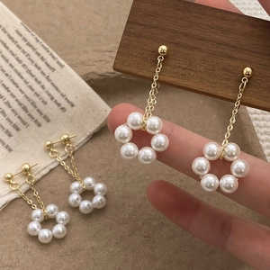 Elegant Flower Artificial Pearl Tassel Drop Earrings For Women 14K Gold Plated Alloy Wreath Floral Design Silver Earring Post