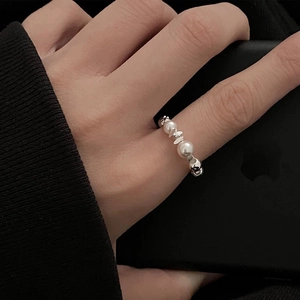 Irregular Wavy Beaded Ring With Faux Artificial Pearl Copper Silver Color Fashion Hand Made Minimalist Jewelry For Women